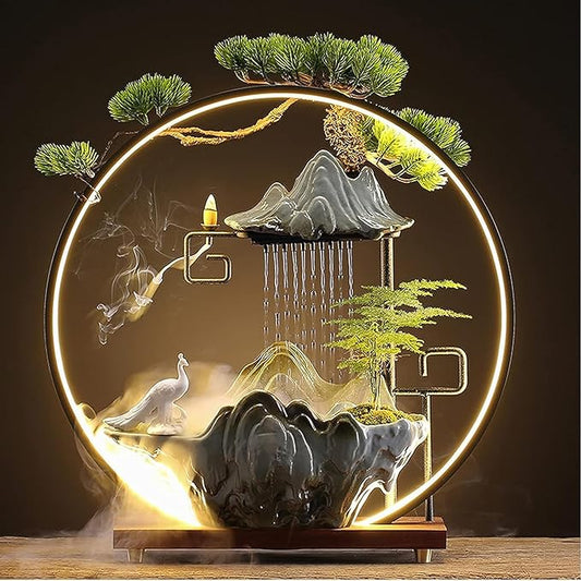 Peacock Tabletop Indoor Waterfall Fountain with Light - Backflow Incense Burner, Ceramic Zen Decor for Home Office Yoga Meditation - Bloomnest