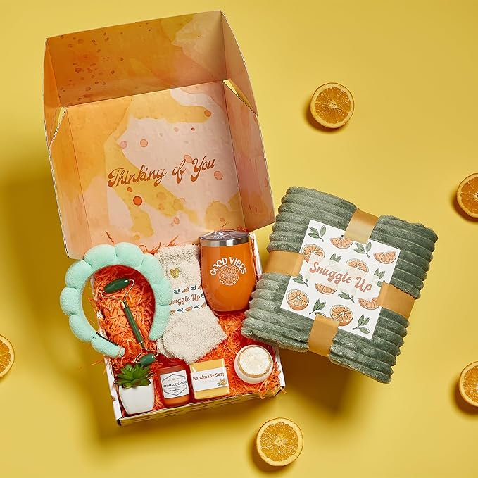 Sunny&Wise Care Package For Women - Designed in USA - Self Care Gifts After Surgery, Get Well Soon, Orange Fruit Themed, Thinking of You, 12 Oz Good Vibes Tumbler - Bloomnest