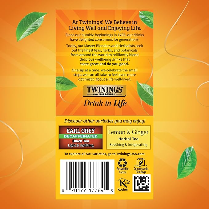 Twinings Decaffeinated Lady Grey Black Tea Individually Wrapped Bags, 20 Count (Pack of 6), Orange Peel & Lemon Peel, Enjoy Hot or Iced, 120 Teabags - Bloomnest