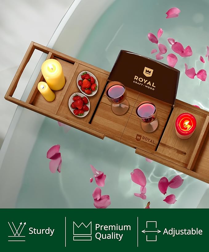 ROYAL CRAFT WOOD Premium Foldable Bathtub Tray - Wood Bath Tray for Tub, Bamboo Shelf, Expandable Bath Table Trays, Bathtub & Bathroom Accessories for New Home Gifts for Mom - Bloomnest