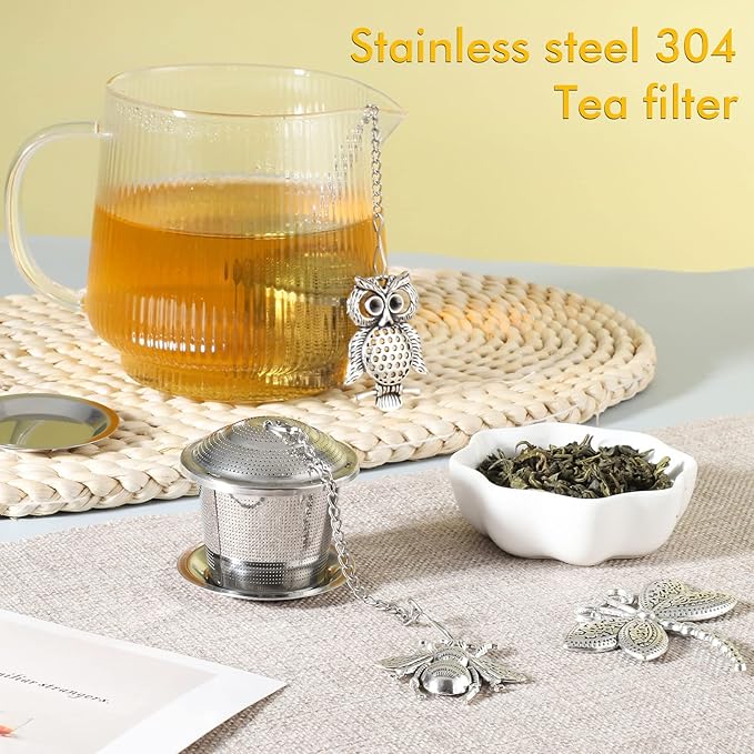 3 Sets Tea Infusers Tea Strainers for Loose Tea Fine Mesh Tea Steeper Stainless Tea Diffuser Tea Filters with Drip Trays and Pendant for Christmas Gift Brew Fine Loose Tea Leave (Insects Style)