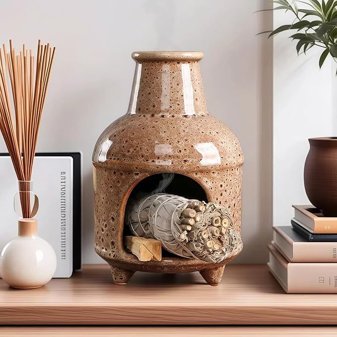 Handmade Spotted Brown Ceramic Palo Santo Holder Burner & Sage Holder - Mini Tabletop Chiminea Burner Tray with Ash Catcher, Decorative Incense Holder for Spiritual Meditation & Yoga