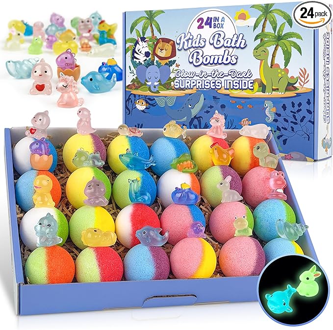 Bath Bombs for Kids, 24pcs Bath Bombs with Glow in The Dark Surprise Inside, Natural and Organic Colorful Bubble Bath Fizz for Kids, Perfect Birthday, Halloween, Or Christmas Gift for Boys and Girls! - Bloomnest