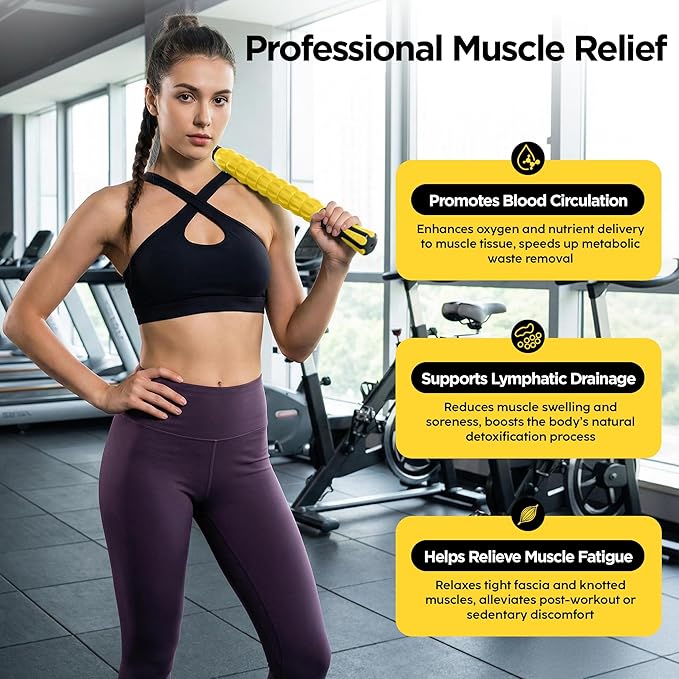 Muscle Roller & Massage Roller Stick for Athletes - Lymphatic Drainage Support, Relieves Muscle Soreness, Cramping & Tightness - Targets Legs, Arms, Back & Calves （Yellow） - Bloomnest