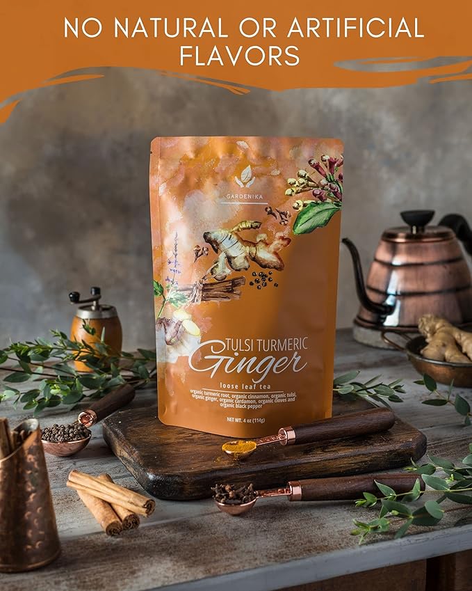 Organic Turmeric Ginger Tulsi Chai Tea | Loose Leaf | Ayurvedic Superfood Blend | Herbal and Caffeine-Free | 55+ Cups | KSA Kosher | 4 oz - Bloomnest