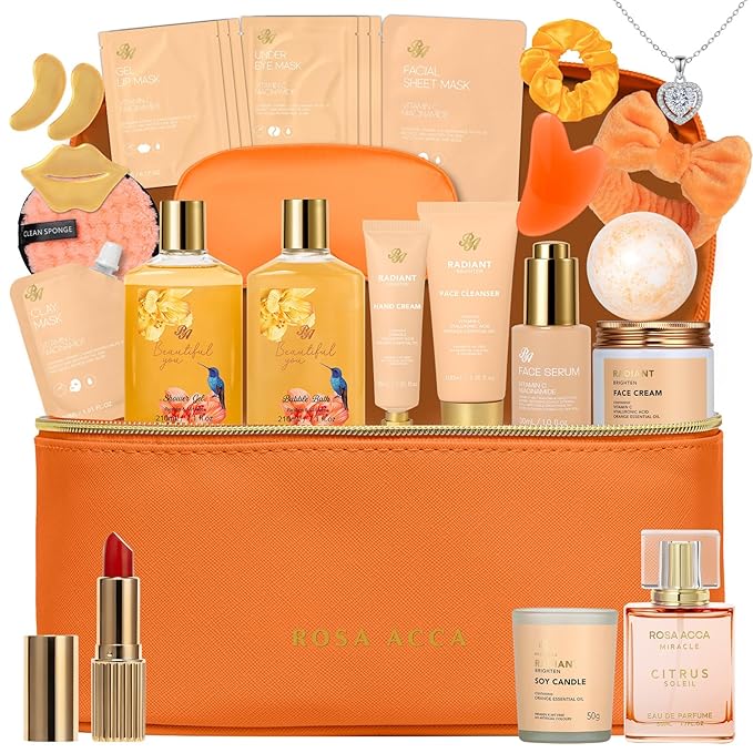 25 Pcs Valentines Day Gifts for Women, Bergamot & Rose Bath & Body Gift Set, Hydrating Skin Care Kit, Pamper Self Care Gifts, Leather Bag, Serum, Necklace, Christmas, Birthday, Mothers Day - Bloomnest
