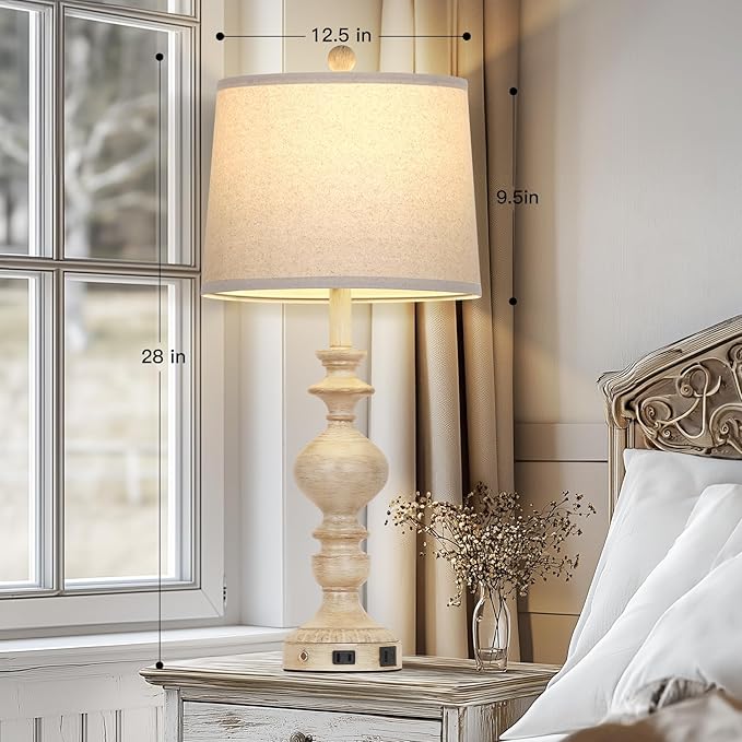 28" Farmhouse Table Lamps Set of 2, Rustic Lamp for Living Room with USB C+A Ports & AC Outlet, 3 Way Touch Control Resin Bedside Lamps, Retro Bedroom Lamp for Nightstand Side End Table Desk, Beige - Bloomnest