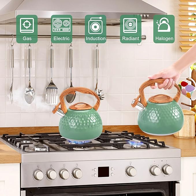 GGC Tea Kettle for Stove Top, Loud Whistling Kettle for Boiling Water Coffee or Milk, 3.1 Quart 3L Heavy Stainless Steel Green Tea Pot with Wood Pattern Handle, Unique Button Control Outlet - Bloomnest