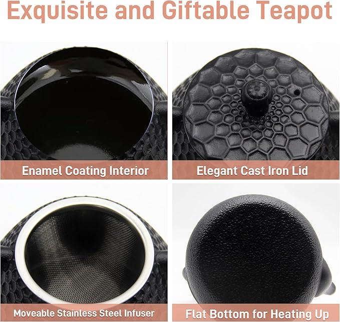 20.3oz Small Cast Iron Teapot, SECHUDO Cast Iron Tea Kettle for Stovetop Safe Coated with Enameled Interior, Cast Iron Tea Pot with Stainless Steel Infuser for Loose Tea (Black Honeycomb Pattern) - Bloomnest