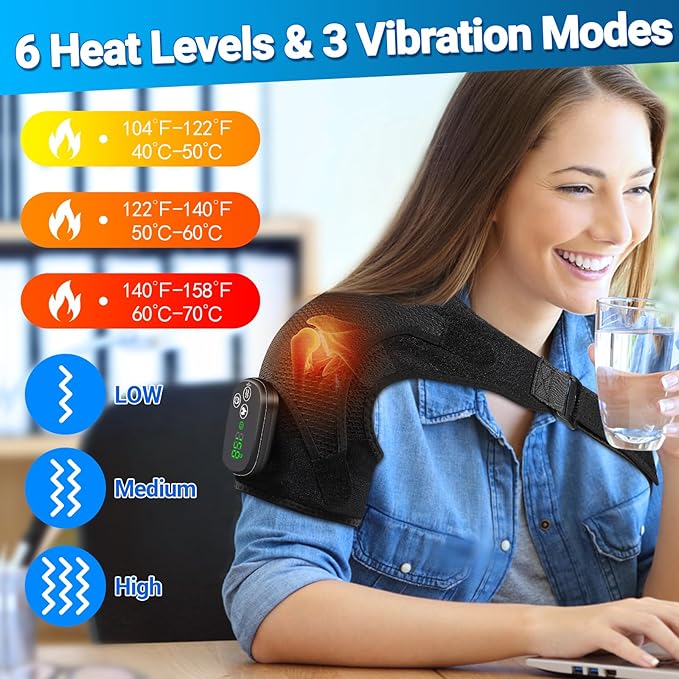 YUANBO Shoulder Heating Pad Massager - Cordless Portable Heated Shoulder Brace & Wrap with Vibration, 6 Heat & Timer Modes - Warmer Gift for Mom & Dad