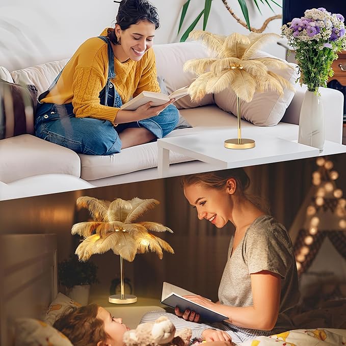 MAYOLA Modern Ostrich Feather Table Lamp with Plug in Wire,3-Light Bedside Floor Lamp for Living Room, Bedroom and Office 24” Tall Feather Desk Lamp (Ostrich Color, Table Lamp-Metal) - Bloomnest