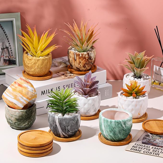 Marbling Ceramic Flower Pot 3.35 Inch Succulent Small Plant Cactus Herbs Planter Ceramic Pot with Drainage Hole Matte Round Container(12 Pcs,Simple Style) - Bloomnest