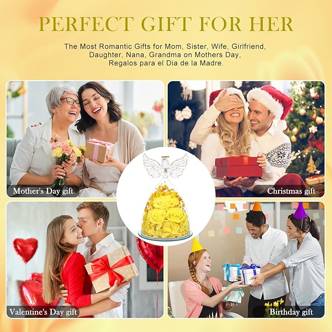 Valentines Day Gifts for Her Women Preserved Flower Rose, Forever Eternal Fresh Flowers in Glass Angel Figurines Flowers for Delivery Prime for Grandma Mom Sister Her Wife on Mothers Day Birthday - Bloomnest