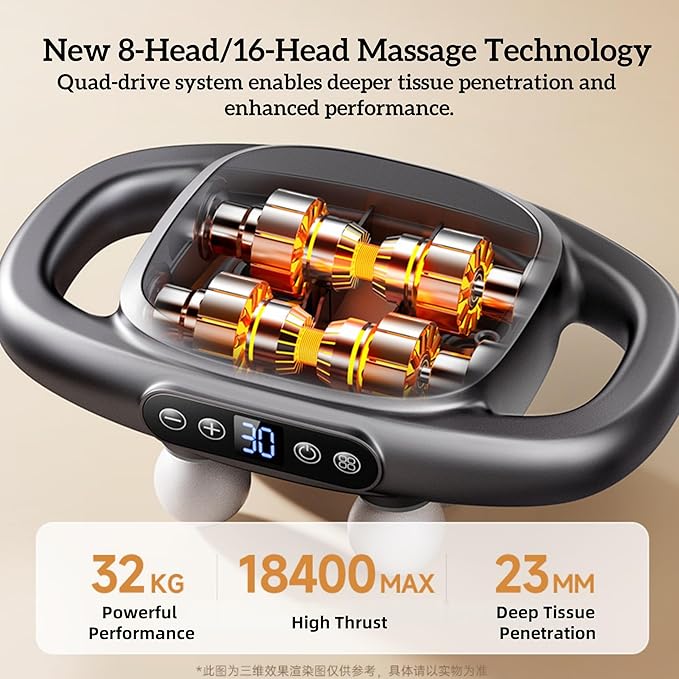 8-Head Massage Gun Set with 30 Levels & 3 Modes, Massage Gun Deep Tissue Neck Massager with 8 Heads, for Deep Tissue, Back, Shoulders, Legs, Pain Relief - Bloomnest