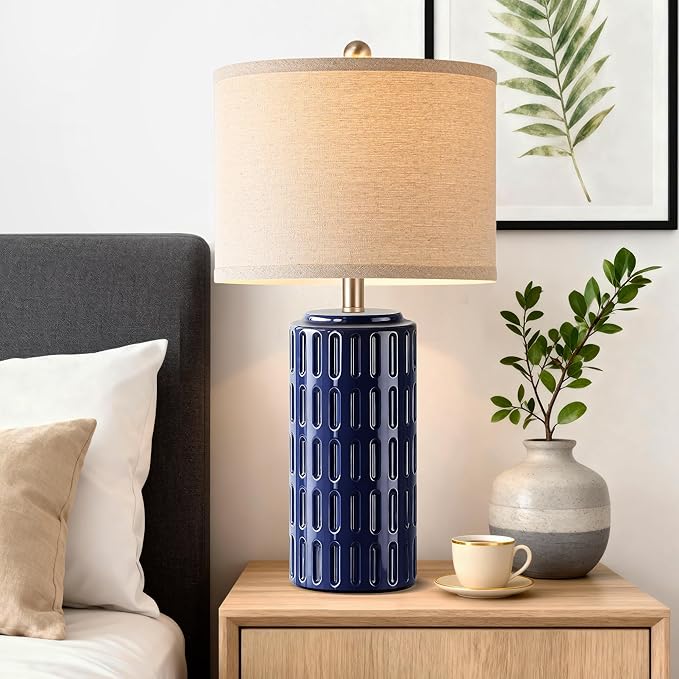 PARTPHONER 23" Farmhouse Modern Ceramic Table Lamp Set of 2 - Navy Blue Bedside Lamps for Bedroom & Living Room, Nightstand, Desk, End Table - Bloomnest