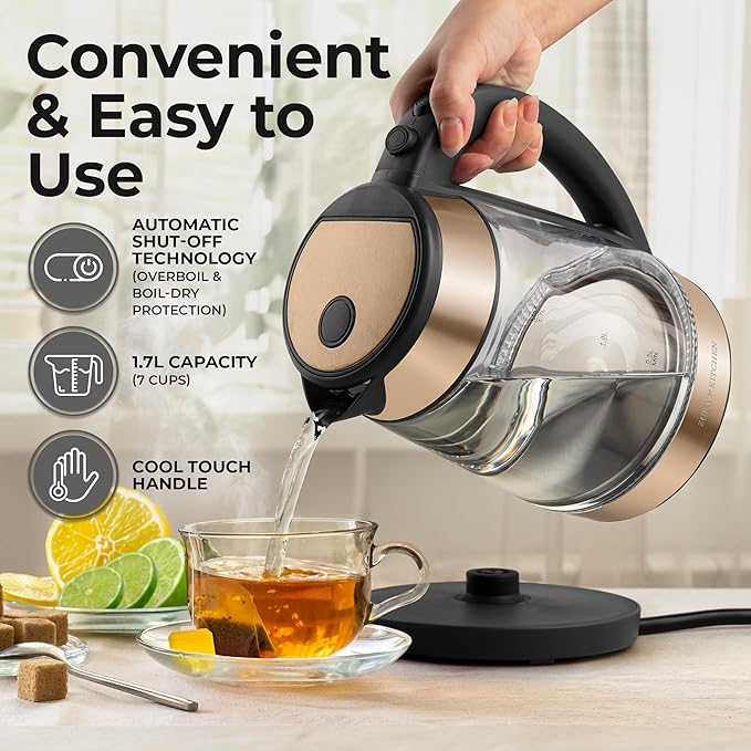 Zulay Kitchen Fast Boiling Electric Water Kettle - 1.7L, 1500W, Auto Shut-Off for Overboil & Boil Dry Protection, Cool-Touch Handle, 360° Base - Rapid Teapot Boiler For Coffee & Tea - Black Copper - Bloomnest