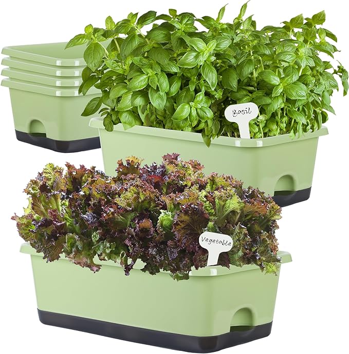 Window Box Planter 6 Pcs, 17 Inches Rectangle Flower Pots with Drainage Holes and Trays, Vegetable Planters for Windowsill Patio Garden Balcony Home Indoor Outdoor (Light Green, 18*10*6 inch) - Bloomnest