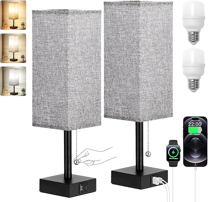 Bedside Table Lamps Set of 2 - Gray Bedroom Lamps with 3 Color Temperatures (3000K/5000K/4000K), Square Nightstand Light with USB C + A Charging Ports, Pull Chain Small Night Light - Bloomnest