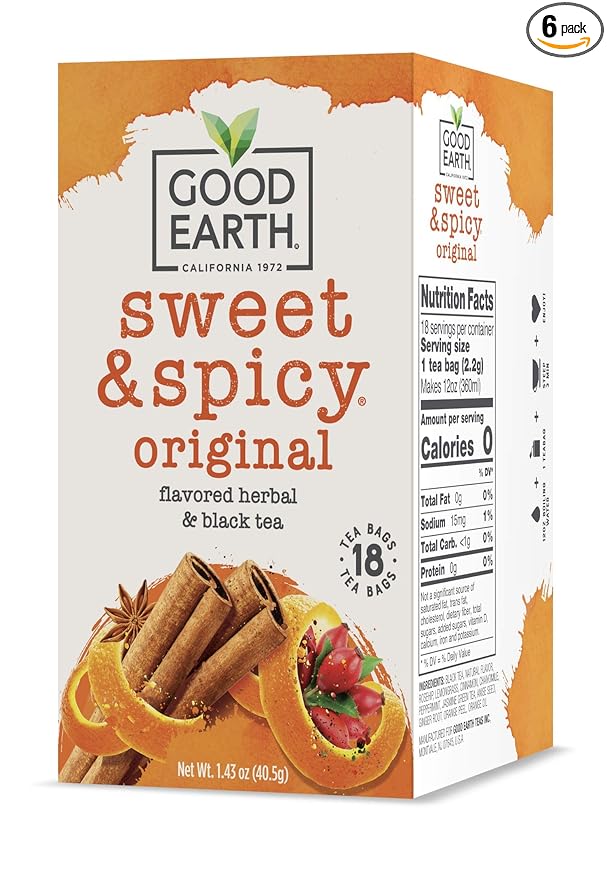 Good Earth Herbal & Black Tea, Sweet & Spicy, 18 Count Tea Bags (Pack of 6) (Packaging May Vary) - Bloomnest