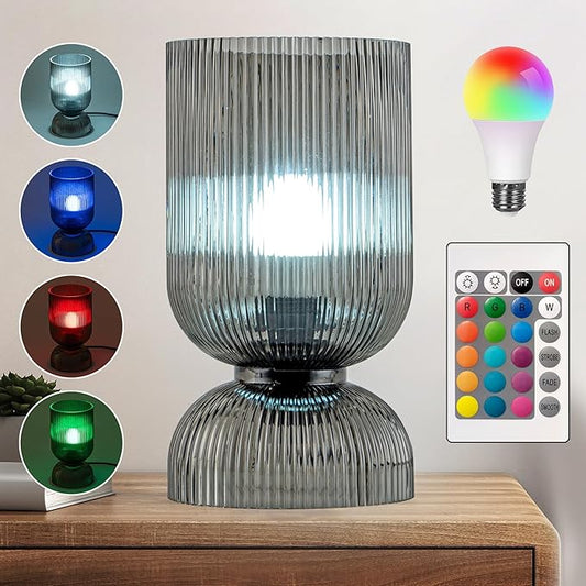 Modern RGB Glass Table Lamp with Remote，Color Changing Bedside Lamp with Ribbed Glass Shade, 16 Colors, On/Off Cord Switch, Nightstand Lamp for Bedroom, Living Room, Office, Bulb Included - Bloomnest