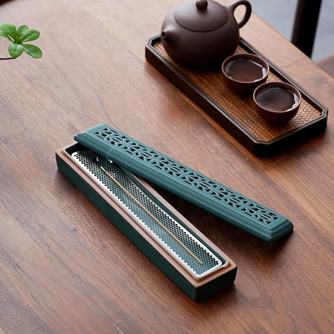 CEREMONY Incense Holder,Ceramic Incense Holder for Sticks with Ash Catcher,Coffin Style Incense Box,Incense Burner for Meditation Yoga Spa Room Decor(Green)