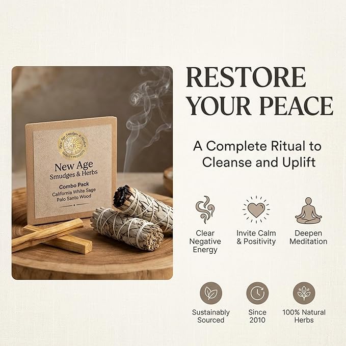 New Age Smudges and Herbs Smudge Kit - 2 California White Sage Smudge Stick for Cleansing (Salvia Apiana) with 2 Palo Santo Incense Sticks (Holy Wood) - Sage Bundles …