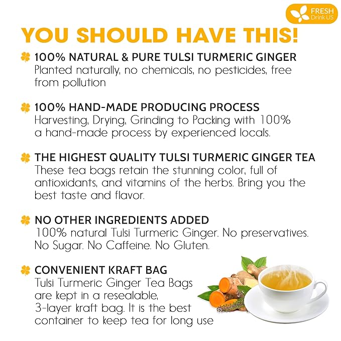 FreshDrinkUS, Premium 75 Tulsi Turmeric Ginger Tea Bags, 100% Natural & Pure from Tulsi Holy Basil Leaves, Turmeric and Ginger. Made with Natural Material Tea Bags. No Sugar, No Caffeine, Vegan. - Bloomnest