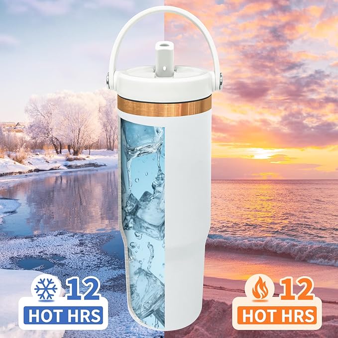 30 oz Tumbler with Handle, Double Wall Vacuum Insulated Tumblers with Flip Straw, Coffee Mug 30oz Powder Coated Cup for Hot and Cold Drinks(Copper Plated, White,4 pack)