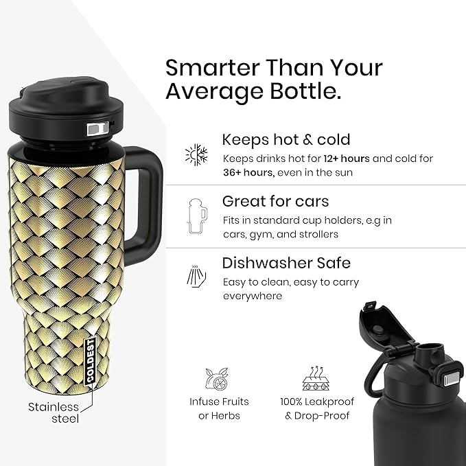 Coldest Tumbler with Handle & Coffee Lid - 100% Spill Proof Tumbler (3 Lids) - Stainless Steel Insulated Leakproof Tumblers for Women & Men - Cup Holder Friendly - 24 oz (Gold Dragon) - Bloomnest