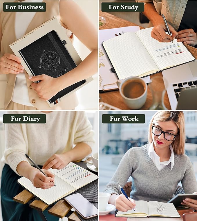 PAIBAS Graph Notebook for Women Men, 160 Pages Grid Paper, Graphing Notebooks for School, Work, Quad Ruled, Inner Pocket, A5 Hardcover Vintage Leather Journals for Writing, 5.8"x8.5" (Black) - Bloomnest