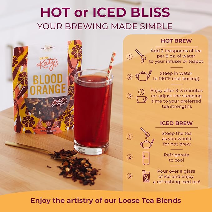 Katy's Blood Orange Loose Leaf Tea | Fruity & Citrusy Herbal Tea | Orange Peel & Hibiscus | Caffeine-Free & Hydrating Fruit Tea | 30+ Cups | Hot or Iced | Antioxidant-Rich | Woman-Owned | 3oz Pouch - Bloomnest