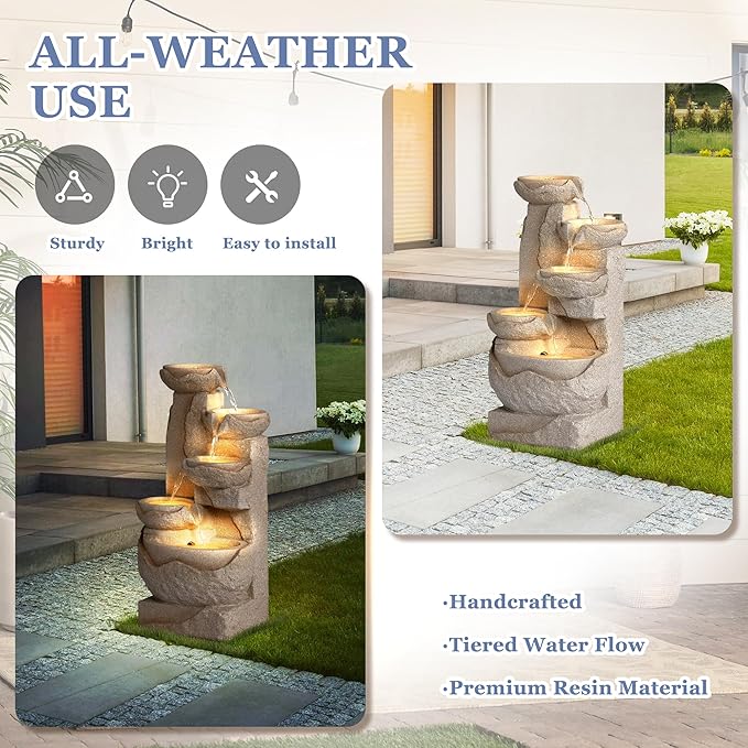 Grepatio Outdoor 5-Tiers Cascading Rock Water Fountain, Waterfall Fountain with 5 LED Lights, Beige Bowl Feature Fountains and Waterfalls for Garden or Patio, Yard, and Deck Decor - Bloomnest