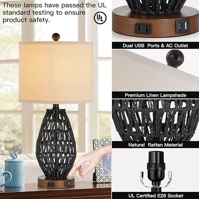 Touch Control Rattan Table Lamps, 3 Way Dimmable Bedside Lamps for Bedroom Set of 2 with 2 USB Ports and AC Outlet, Black Wicker Nightstand Lamps for Living Room (LED Bulbs Included) - Bloomnest