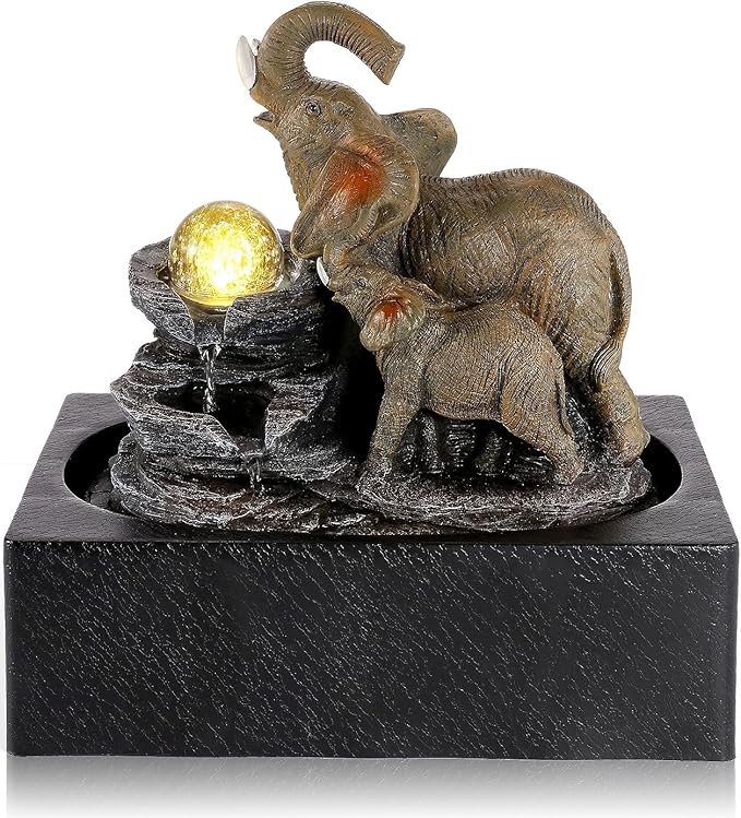WICHEMI Water Fountains Indoor Waterfall Fountain Tabletop Fountain Water Feature Indoor Zen Garden Elephant Fountain with LED Warm Light for Home and Office Indoor Spaces Decor
