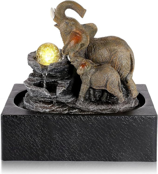 WICHEMI Water Fountains Indoor Waterfall Fountain Tabletop Fountain Water Feature Indoor Zen Garden Elephant Fountain with LED Warm Light for Home and Office Indoor Spaces Decor