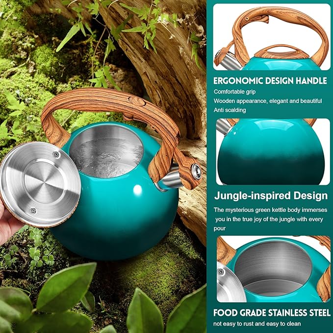 GGC Tea Kettle for Stove Top, 3.1QT/3L Whistling Tea Kettles for Boiling Water Coffee or Milk, Gradient Green Tea Pot with Wood Parttern Handle, Stainless Steel Tea Pot for Home and Kitchen - Bloomnest
