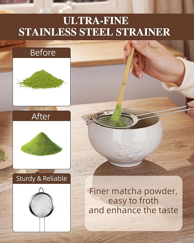 ZENS Matcha Whisk Set, Ceramic Matcha Set Includes 15oz Sakura Bowl, Bamboo Whisk & Chasen Holder, Scoop & Sifter-Tea Towel, 6pcs Matcha Kit for Matcha Lovers, White - Bloomnest