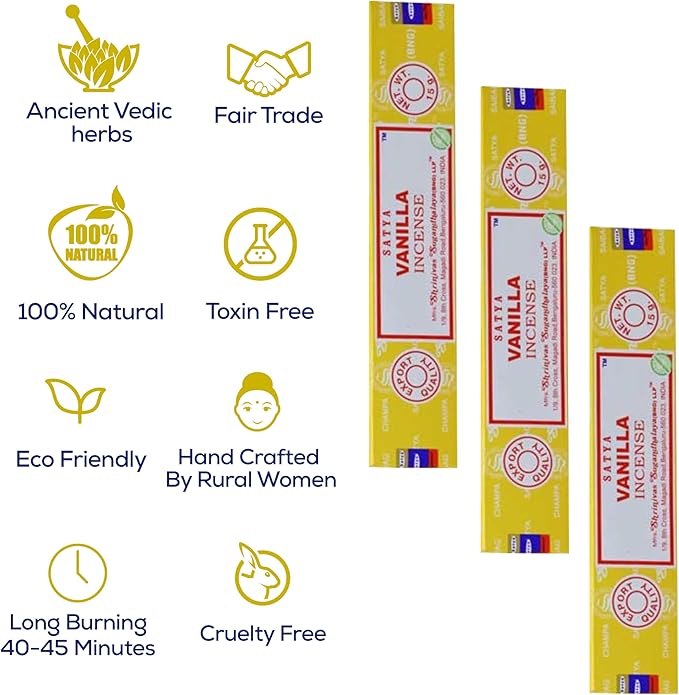 Satya Vanilla Incense Sticks - Bng 15gmx12 Pack With Raajsee Incense Holder Bundle - Nagchampa Natural - Bloomnest