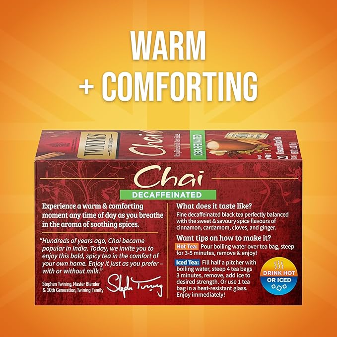 Twinings Decaffeinated Chai Individually Wrapped Bags, 20 Count (Pack of 6), Sweet, Savoury Spices, Enjoy Hot or Iced, 120 Teabags - Bloomnest