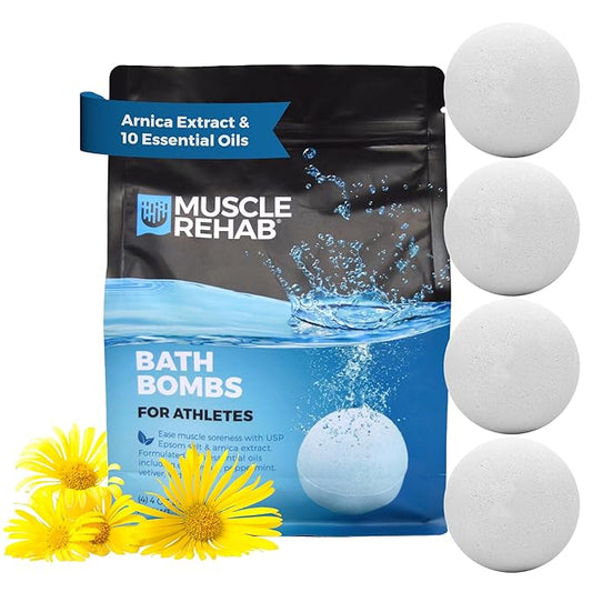 Epsom Salt Bath Bombs with Arnica (4 Pack) | Magnesium Recovery Soak for Sore Muscles, Post-Workout Relief & Relaxation | Eucalyptus, Turmeric & Clary Sage Essential Oils - Bloomnest