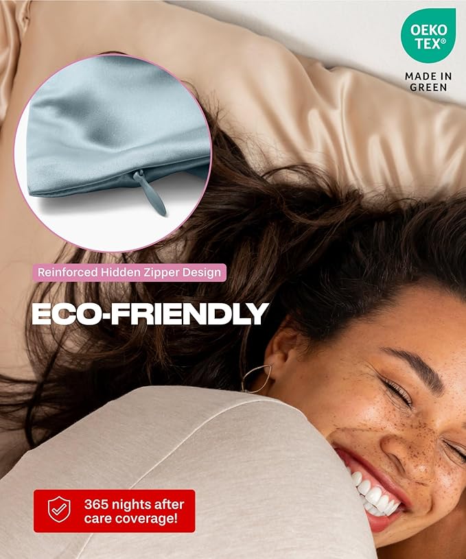 SUNDAYSILKS™ Premium Silk Pillow Cases | 100% Mulberry Silk Pillowcase with Zipper, All Sides Real 22 Momme Grade 6A Silk, Standard Queen, King Size [Mineral Blue] - Bloomnest