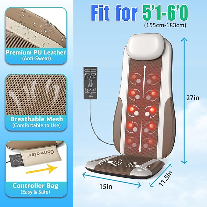 Shiatsu Back Massager with Heat, Massage Chair Pad Seat Cushion for Stress Relief, Deep Tissue Kneading & Roller, 2 Vibration Motors, Back Waist Hip Massager, PU Leather, with 2 Adapters - Bloomnest