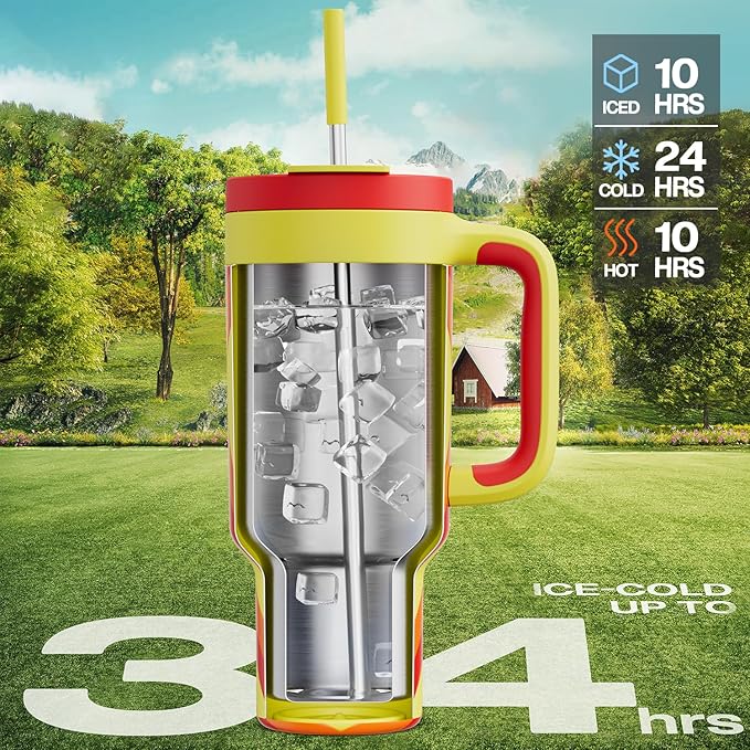 POWCAN 40 oz Tumbler with Handle, 2-in-1 Straw and Sip Lid, Leakproof, Dishwasher Safe, Insulated Stainless Steel Travel Coffee Mug, Keeps Cold for 34 Hours, Fits in Car Cup Holder (Fiery Love) - Bloomnest