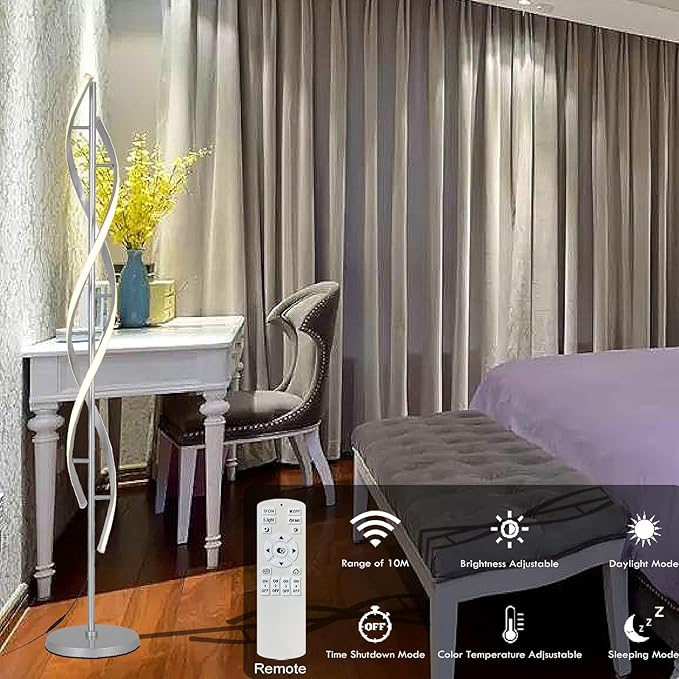 Tall Modern Floor Light Lamp for Living Room,Dimmable Spiral Corner Bedside Lamp with Rmoete for Bedroom,LED 3 Color Floor Lamp with Foot Switch for Dining Room(Silver) - Bloomnest
