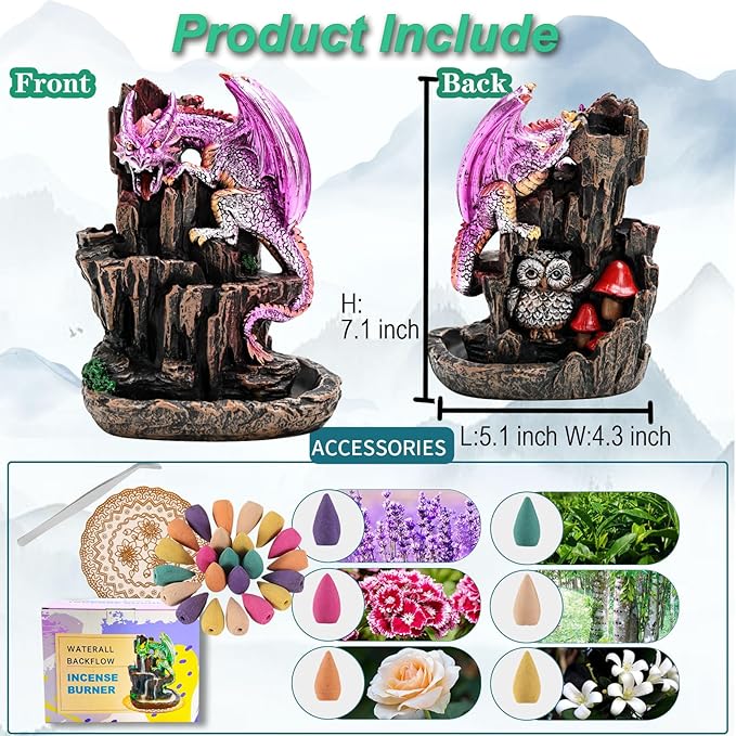 Dragon Backflow 2 Sided Mountain Waterfall Incense Burner,Fountain Smoke Incense Holder with Backflow Incense Cones, Tweezers, Mat，Resin Aromatherapy Meditationvaiuk (Purple) - Bloomnest