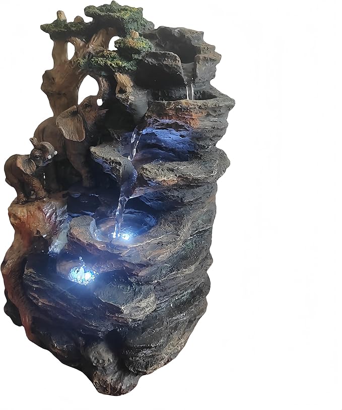 Water Fountain Indoor, Desktop Fountain Waterfall,Elephant Sculpture Layered LED Lighting. Indoor Office and Home Decorations Suitable for Creating a Peaceful Atmosphere. - Bloomnest