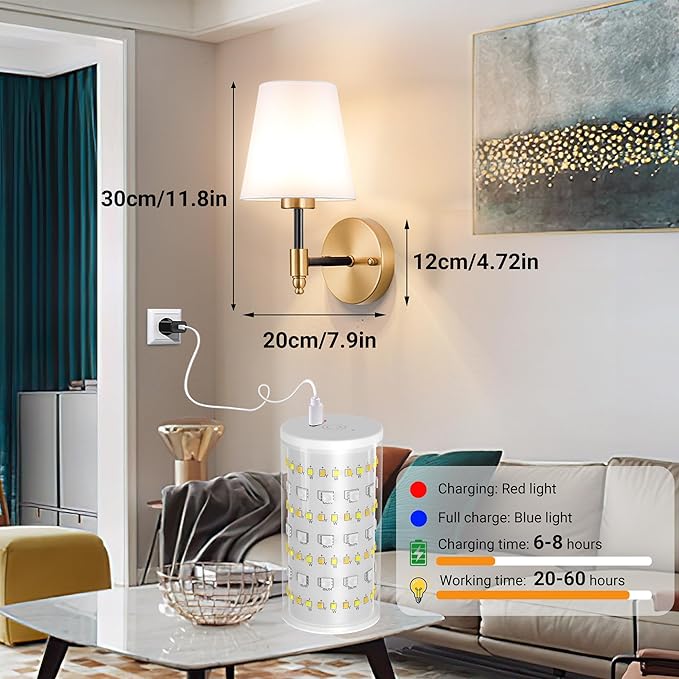 Battery Operated Wall Sconces Set of 2, Wireless Wall Light with 10000mAh RGB Dimmable Magnetic Bulb, Rechargeable Wall Sconce with Remote Control for Bedroom Living Room - Bloomnest