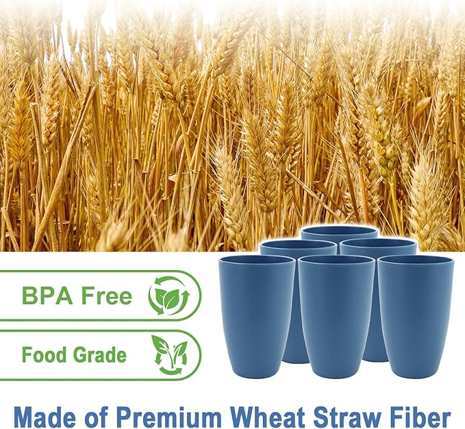 Wheat Straw Cups Large Drinking Cups Set of 6-20 OZ Large Capacity Plastic Tumblers Unbreakable Glasses Drinking Microwave and Dishwasher Safe Kitchen Water Glasses - Blue - Bloomnest