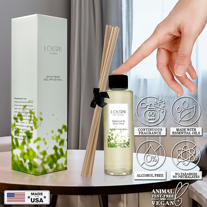 LOVSPA Coconut & Eucalyptus Diffuser Oil - Luxury Essential Oils for Diffuser Refill & Air Freshener Room Spray - Long-Lasting & Natural Home Fragrance, Scented Oil for Diffusers, USA Made, 4oz - Bloomnest