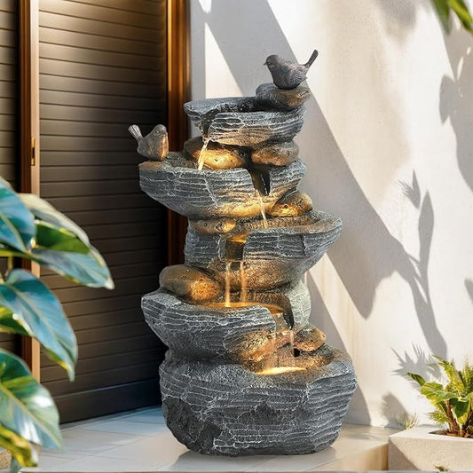 Grepatio Outdoor Water Fountain 5 Tier Cascading Rock Waterfalls Fountains with 4 LED Lights and Pump Indoor/Outdoor Modern Floor Standing Garden Water Fountain for Yard, Patio, House Decor - Bloomnest
